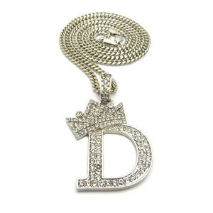 TILTED CROWN ICED OUT D PENDANT  24" CUBAN CHAIN NECKLACE - Silver